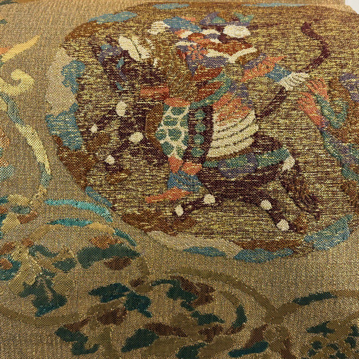 【美品】 袋帶 秀品級 狩獵紋 葡萄唐草紋 金金箔 金絲 金色 大鼓圖案 純蠶絲