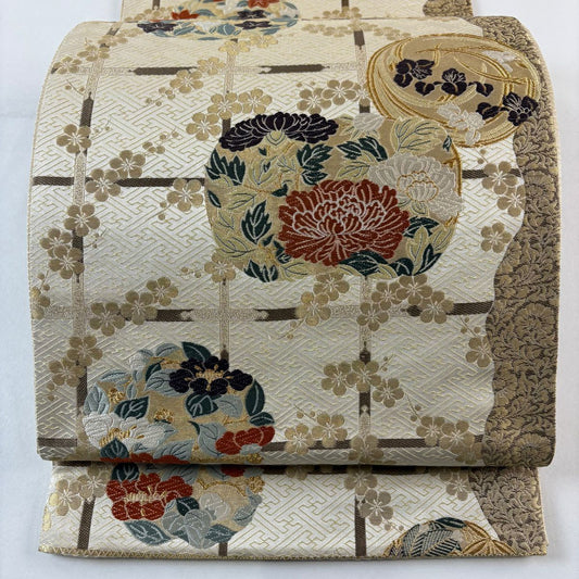 袋帶 秀品級 關西仕立 牡丹 菖蒲 金絲 米色 六通 純蠶絲