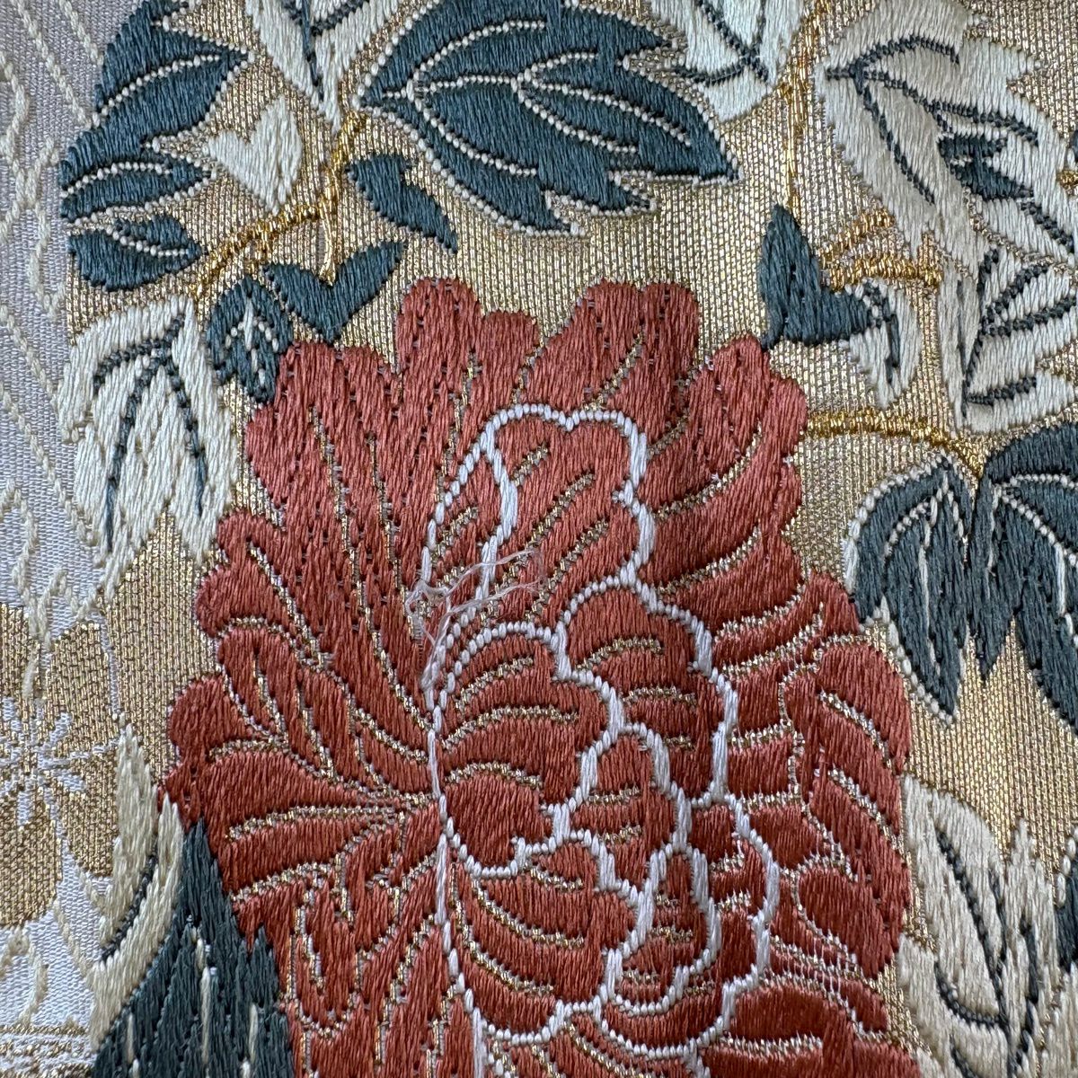 袋帶 秀品級 關西仕立 牡丹 菖蒲 金絲 米色 六通 純蠶絲