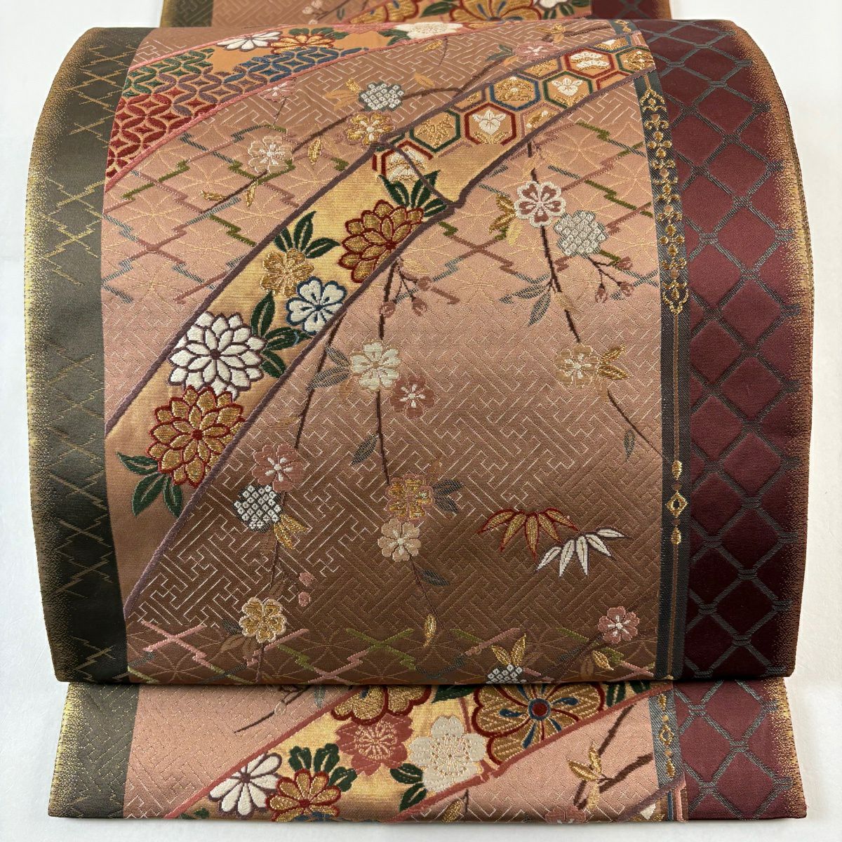 袋帶 秀品級 樱花 竹子子 刺繡 金線 淺小豆 六通 純蠶絲
