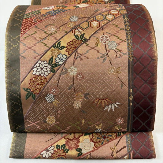袋帶 秀品級 樱花 竹子子 刺繡 金線 淺小豆 六通 純蠶絲