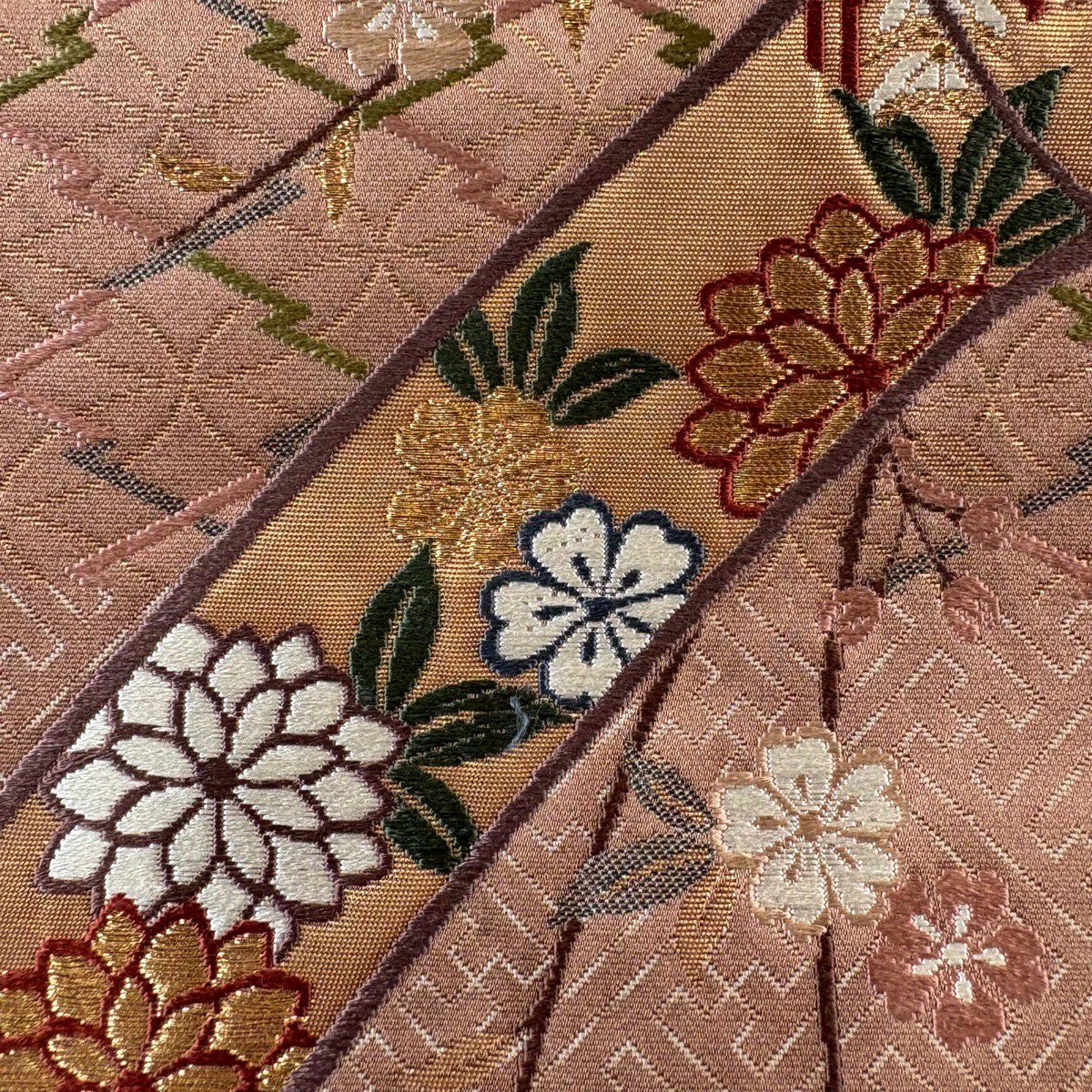 袋帶 秀品級 樱花 竹子子 刺繡 金線 淺小豆 六通 純蠶絲