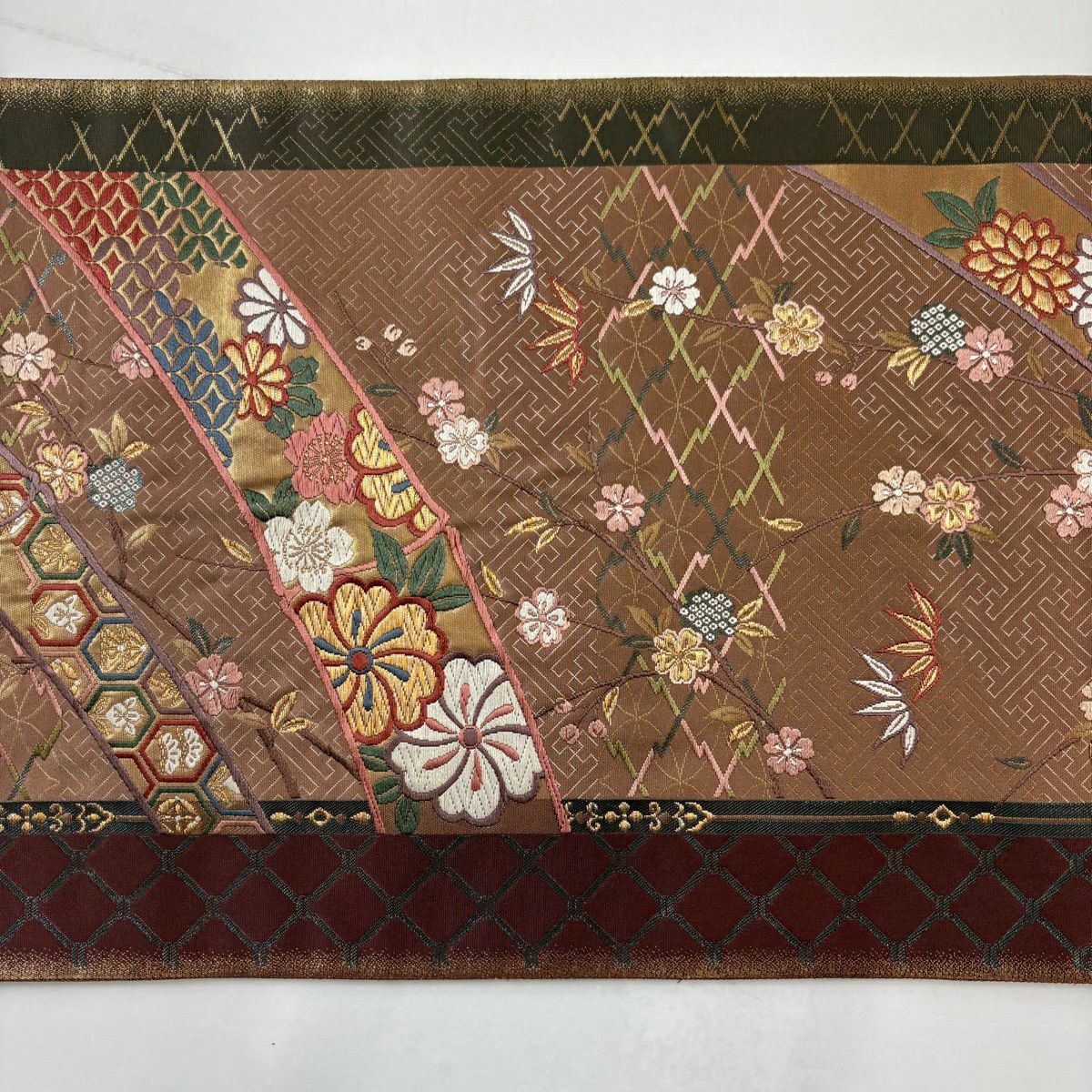 袋帶 秀品級 樱花 竹子子 刺繡 金線 淺小豆 六通 純蠶絲