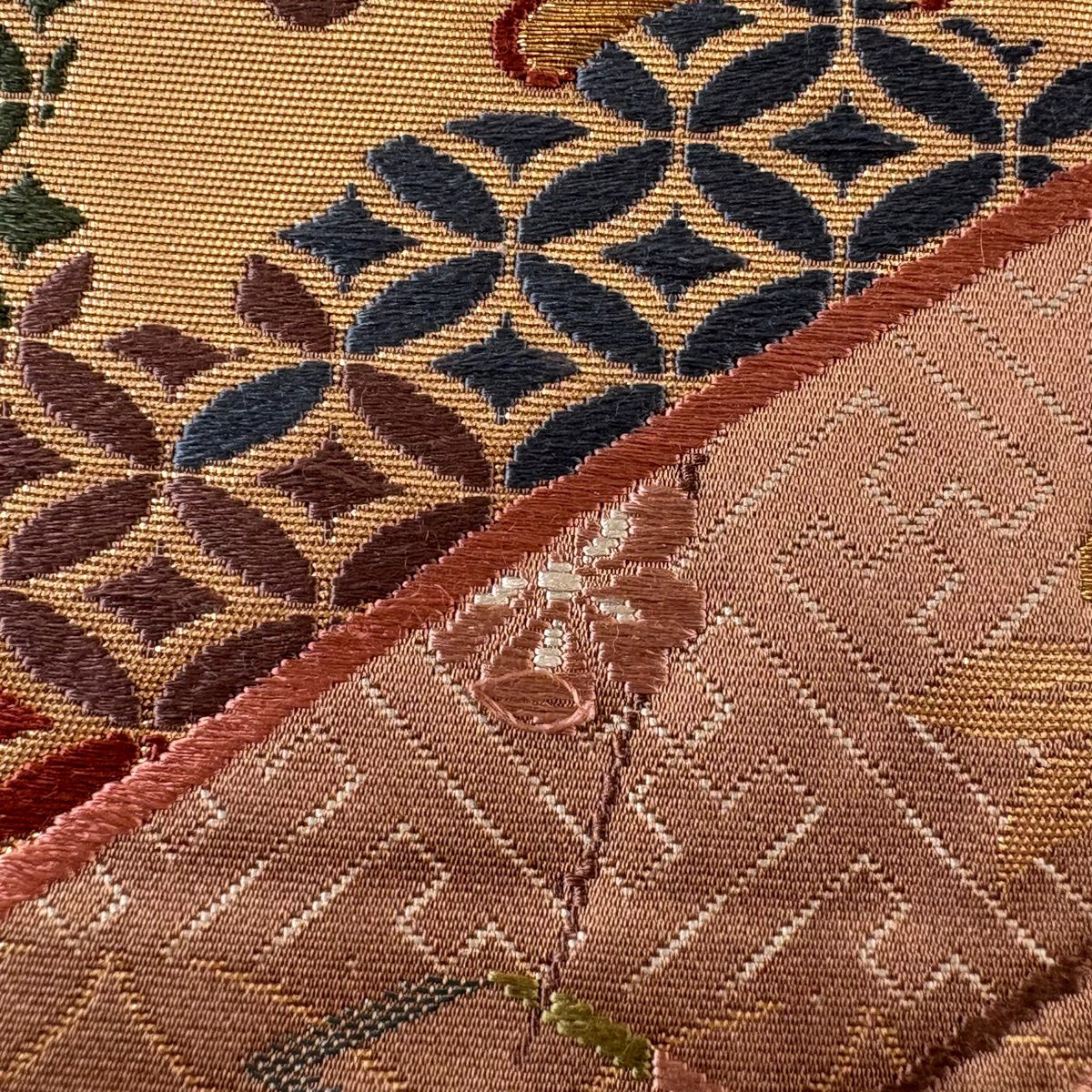 袋帶 秀品級 樱花 竹子子 刺繡 金線 淺小豆 六通 純蠶絲