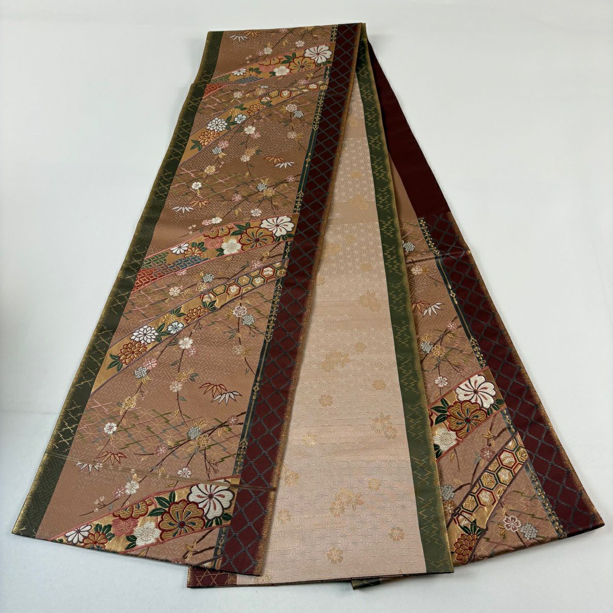 袋帶 秀品級 樱花 竹子子 刺繡 金線 淺小豆 六通 純蠶絲