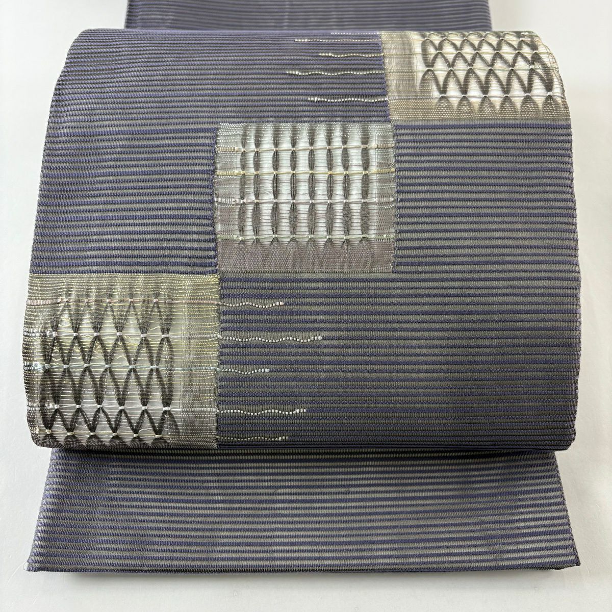 【美品】 袋帶 秀品級 夏帶 絽 色紙 幾何圖案 灰紫 お太鼓柄 純蠶絲