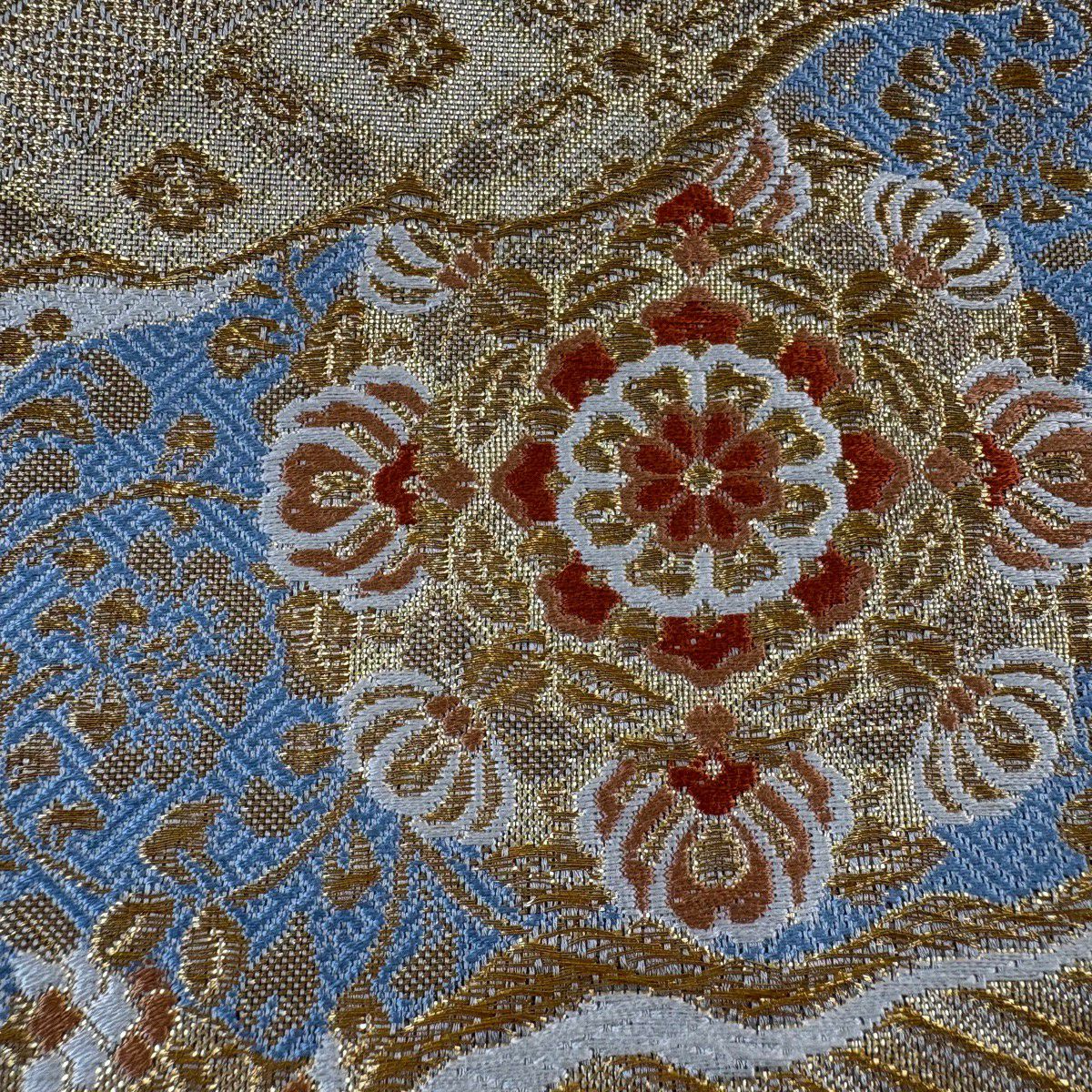 【美品】 袋帶 秀品級 華紋 七寶 金絲 金金箔 金色 六通 純蠶絲