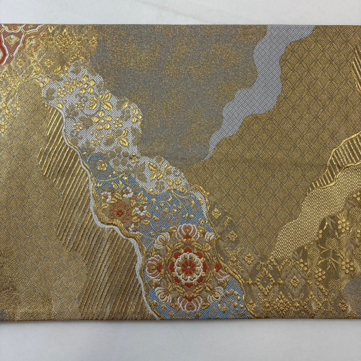 【美品】 袋帶 秀品級 華紋 七寶 金絲 金金箔 金色 六通 純蠶絲
