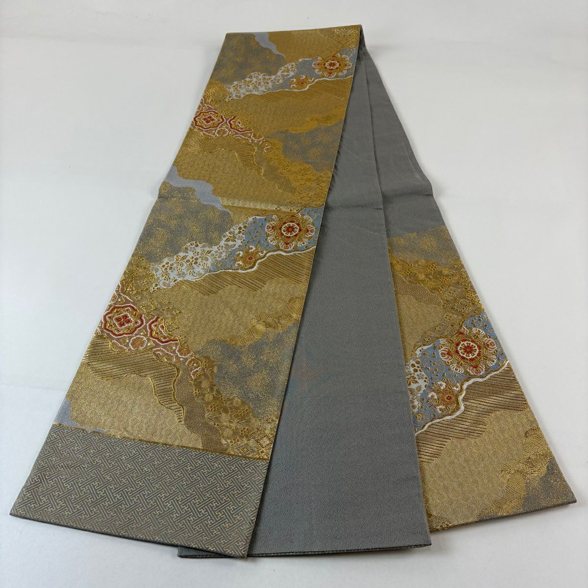 【美品】 袋帶 秀品級 華紋 七寶 金絲 金金箔 金色 六通 純蠶絲
