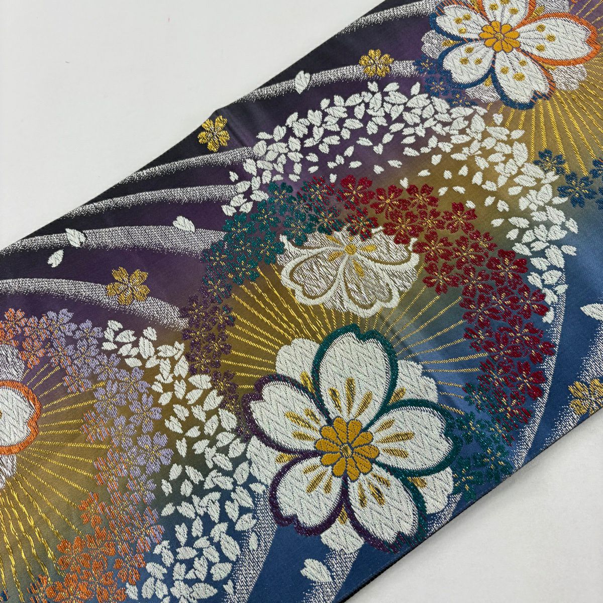 袋帶 秀品級 樱花 樱花花瓣 金银线 金金箔 蓝色 六通 純蠶絲