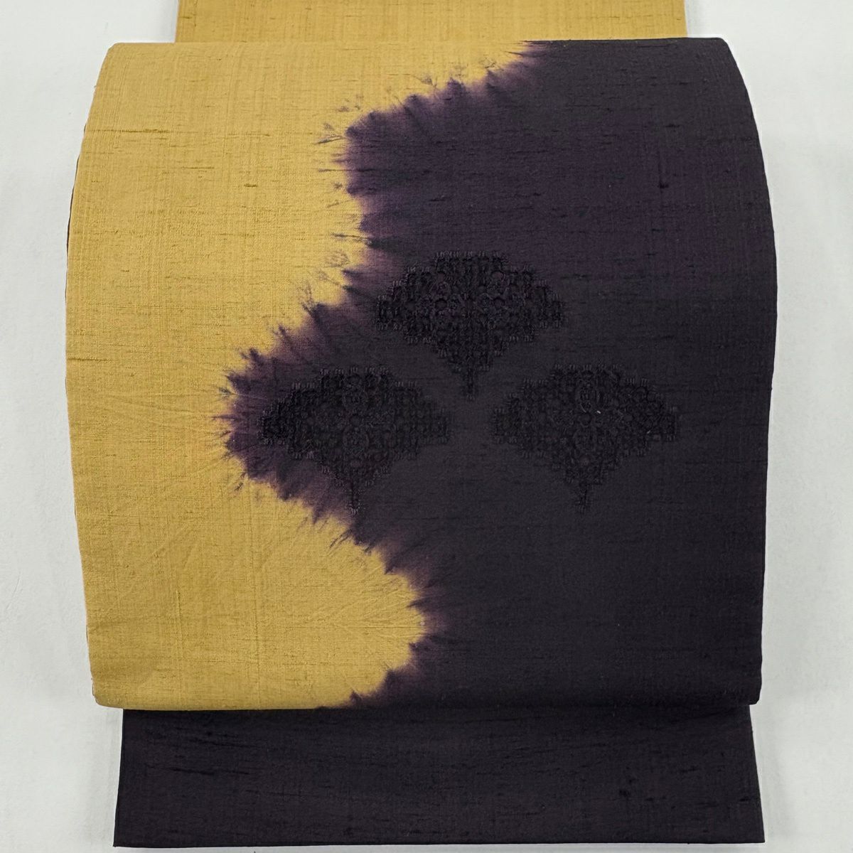 袋帶 秀品級 紬織織 花 幾何圖案 刺繡 深紫 お太鼓圖案 純蠶絲
