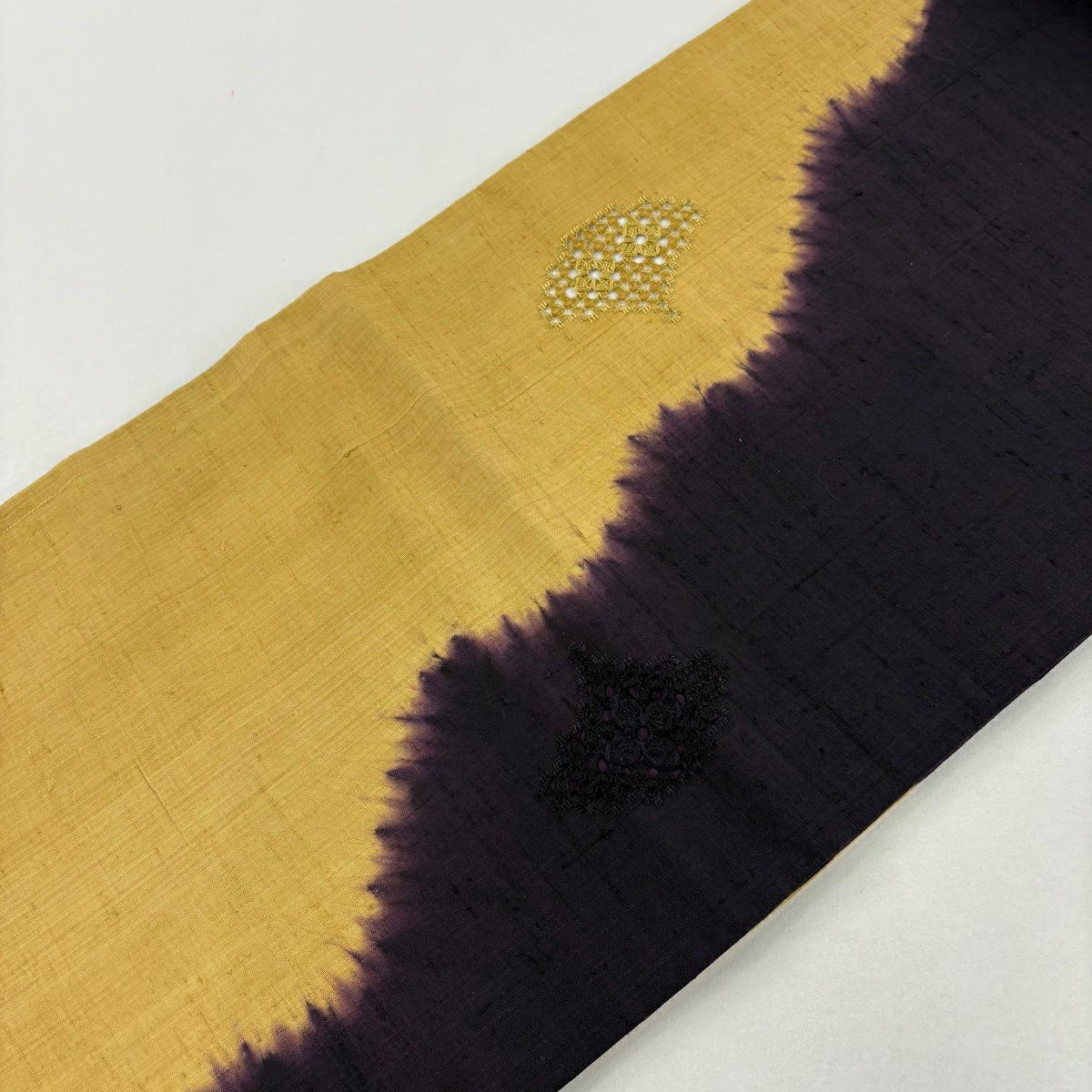 袋帶 秀品級 紬織織 花 幾何圖案 刺繡 深紫 お太鼓圖案 純蠶絲
