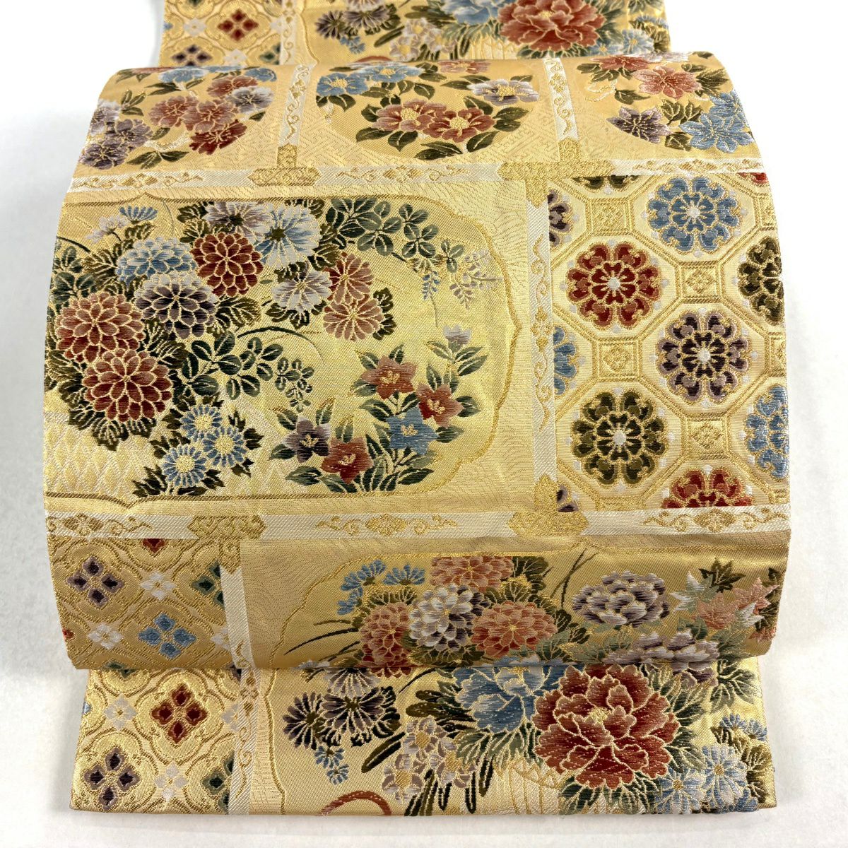 【美品】 袋帶 秀品級 欄間花車紋 金絲 金金箔 金色 六通 純蠶絲