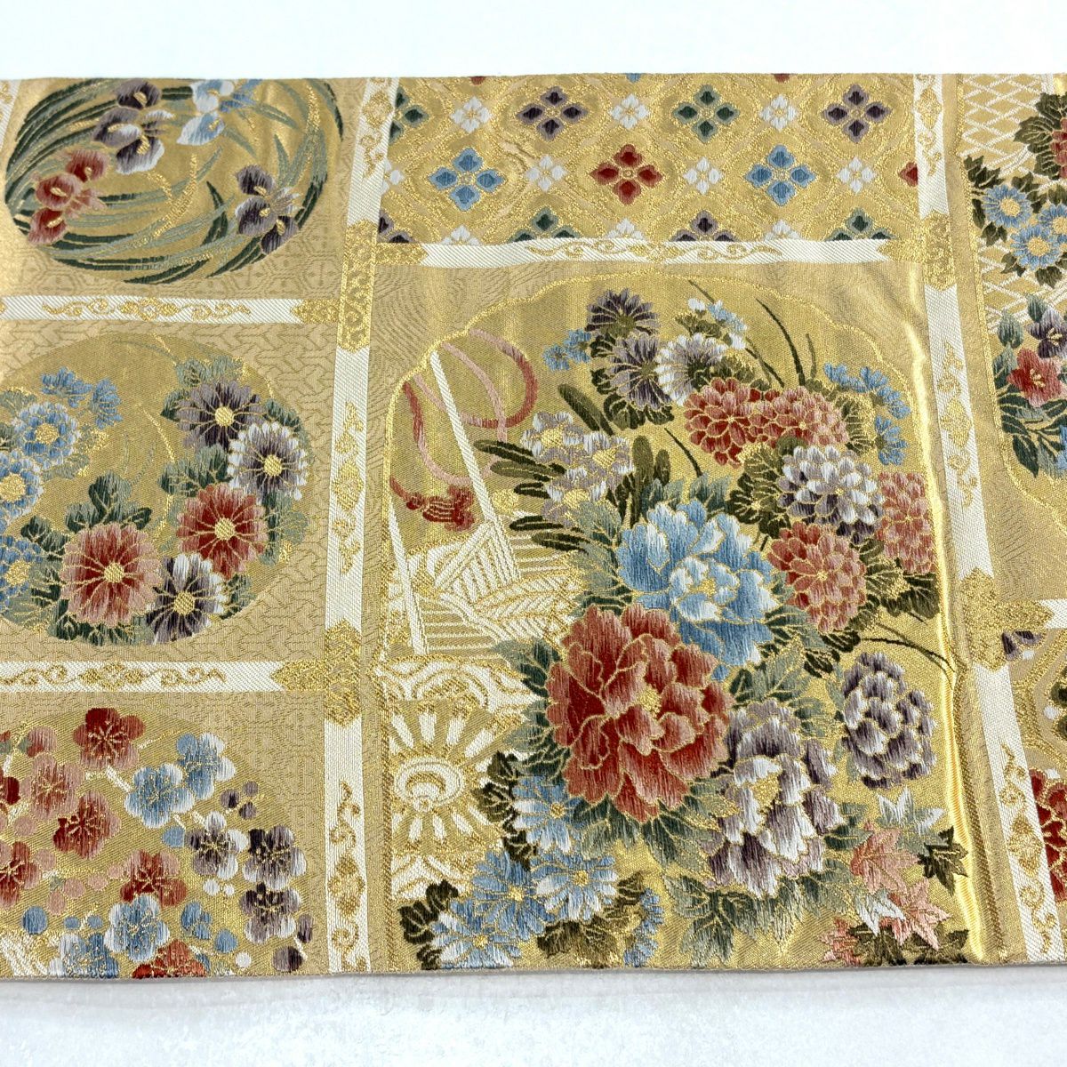 【美品】 袋帶 秀品級 欄間花車紋 金絲 金金箔 金色 六通 純蠶絲