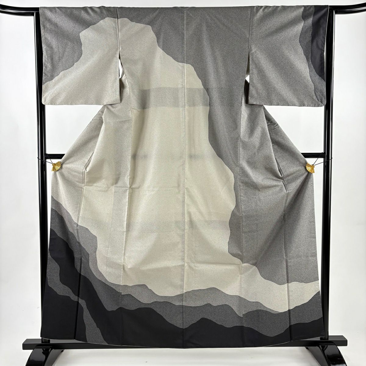 【美品】訪問服 身長160cm 袖長64cm M 雙層 紬織織 霞 灰色 純蠶絲 秀品級