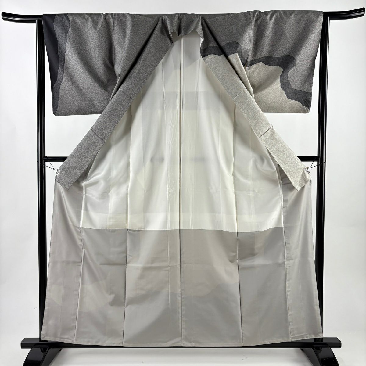 【美品】訪問服 身長160cm 袖長64cm M 雙層 紬織織 霞 灰色 純蠶絲 秀品級