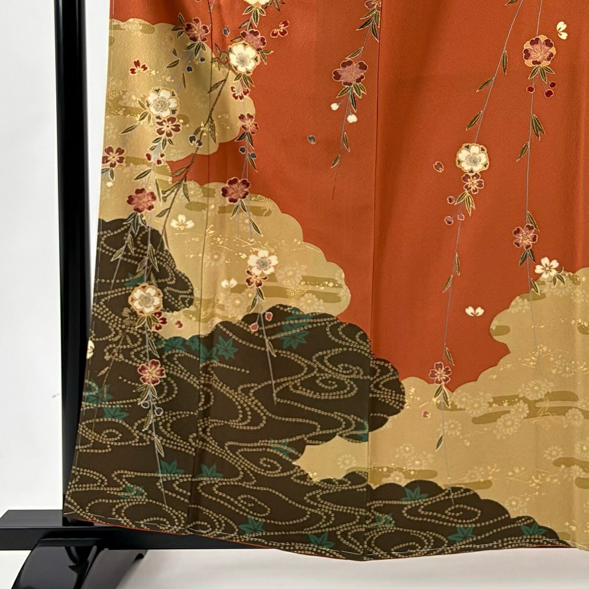 訪問服 身長160cm 袖長65cm M 雙層 枝垂櫻 雲紋 金彩裝飾 紅茶 純蠶絲 秀品級