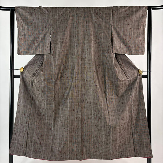 【美品】 大島紬織 身長150.5cm 袖長62cm S 雙層 證書附帶 幾何圖案 純泥染 焦茶 純蠶絲 優品級