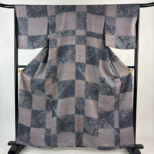 小紋 身長160.5cm 袖長66.5cm M 雙層 花鳥 變化市松樹 焦茶 純蠶絲 優品級