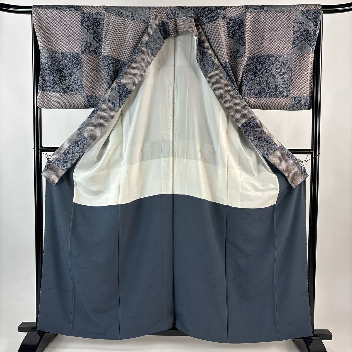小紋 身長160.5cm 袖長66.5cm M 雙層 花鳥 變化市松樹 焦茶 純蠶絲 優品級