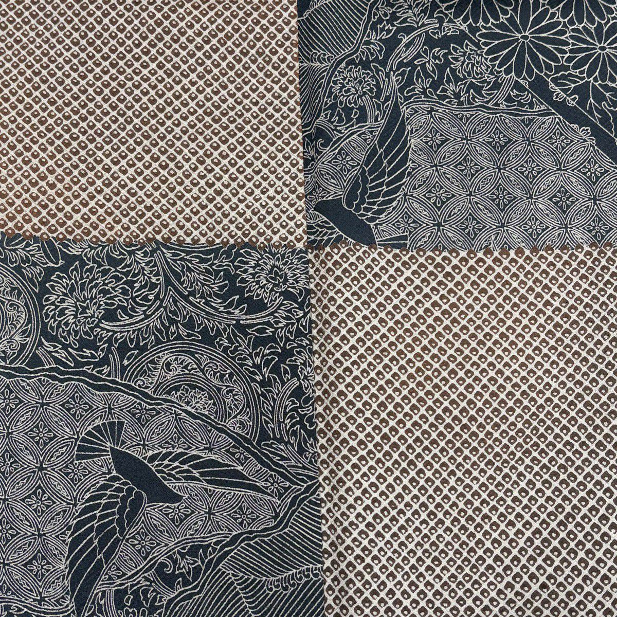 小紋 身長160.5cm 袖長66.5cm M 雙層 花鳥 變化市松樹 焦茶 純蠶絲 優品級