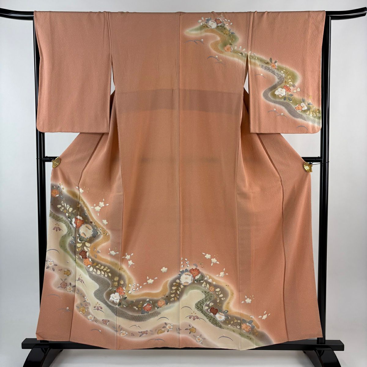 訪問服 身長157.5cm 袖長66cm M 雙層 菊花 草花紋紋 金銀彩 漸層 鮭粉色 純蠶絲 優品級