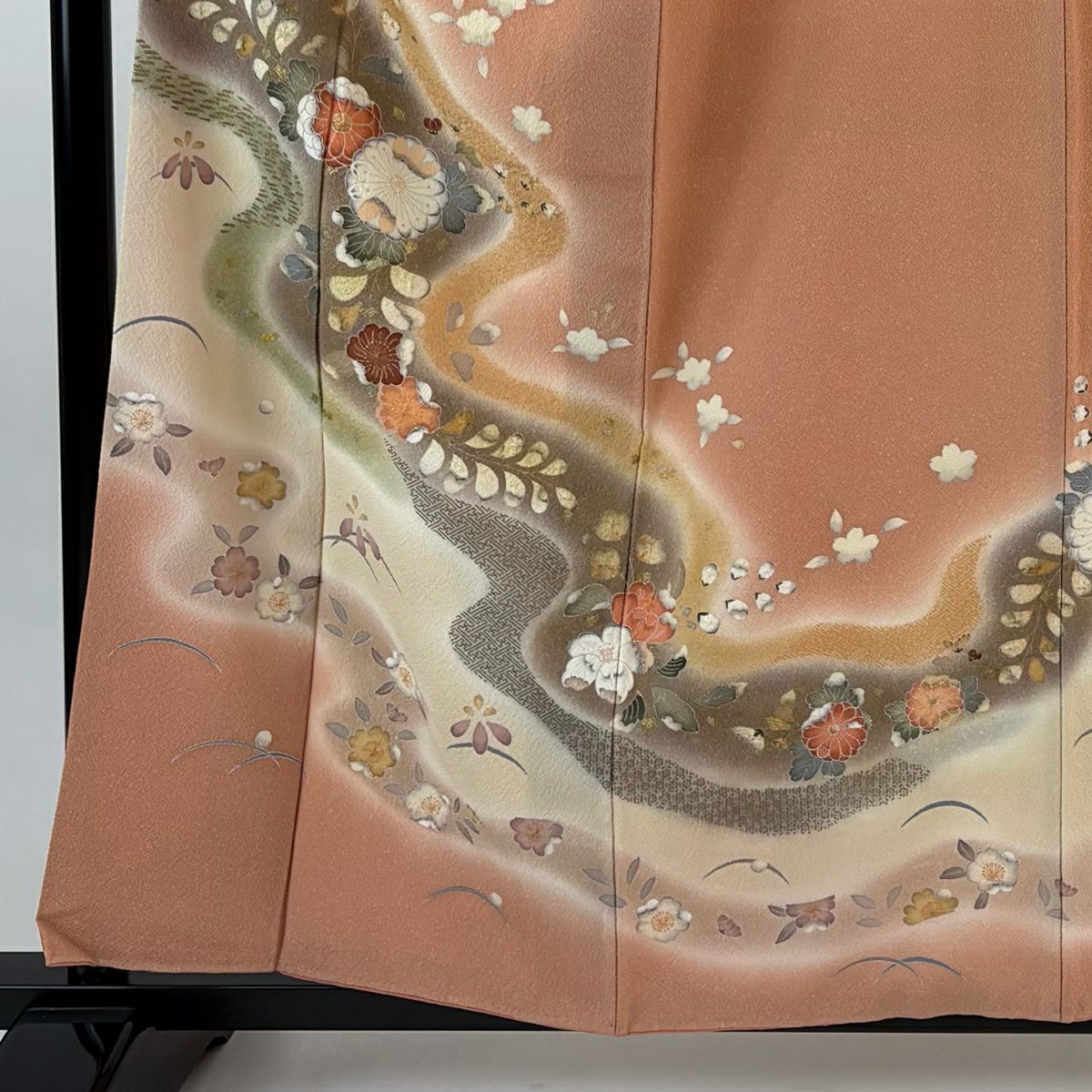 訪問服 身長157.5cm 袖長66cm M 雙層 菊花 草花紋紋 金銀彩 漸層 鮭粉色 純蠶絲 優品級