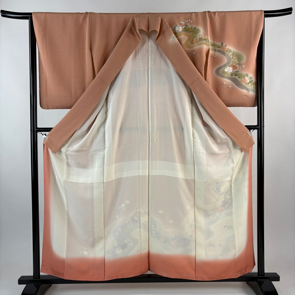 訪問服 身長157.5cm 袖長66cm M 雙層 菊花 草花紋紋 金銀彩 漸層 鮭粉色 純蠶絲 優品級