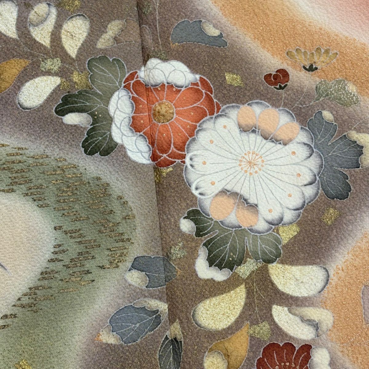訪問服 身長157.5cm 袖長66cm M 雙層 菊花 草花紋紋 金銀彩 漸層 鮭粉色 純蠶絲 優品級