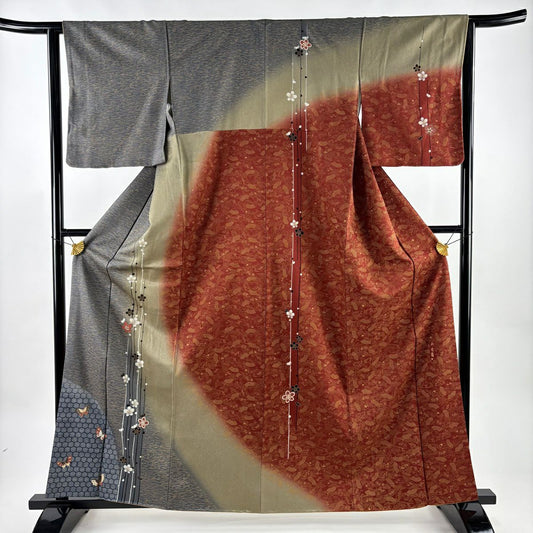 【美品】訪問服 身長161cm 袖長63cm S 雙層 砂波羅 落款有 枝梅花 蝶 錦染分 灰色 純蠶絲 秀品級
