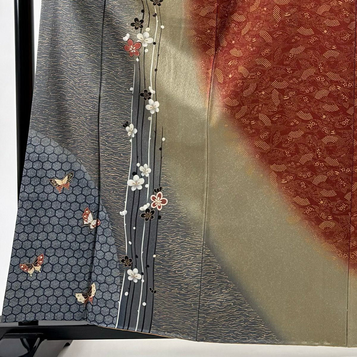 【美品】訪問服 身長161cm 袖長63cm S 雙層 砂波羅 落款有 枝梅花 蝶 錦染分 灰色 純蠶絲 秀品級