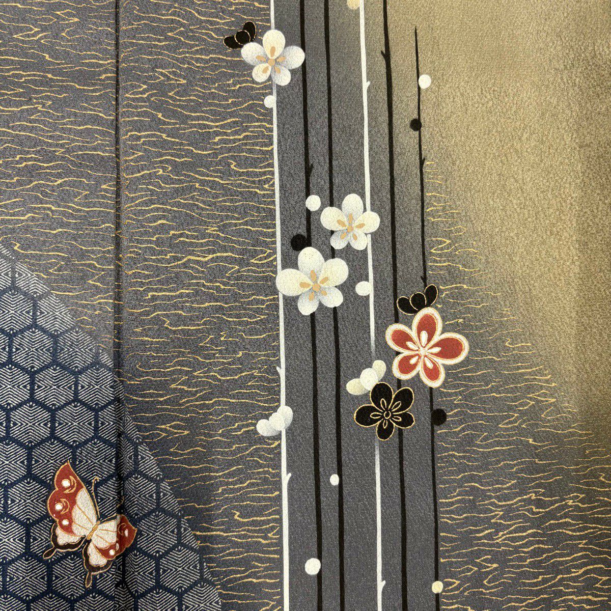 【美品】訪問服 身長161cm 袖長63cm S 雙層 砂波羅 落款有 枝梅花 蝶 錦染分 灰色 純蠶絲 秀品級