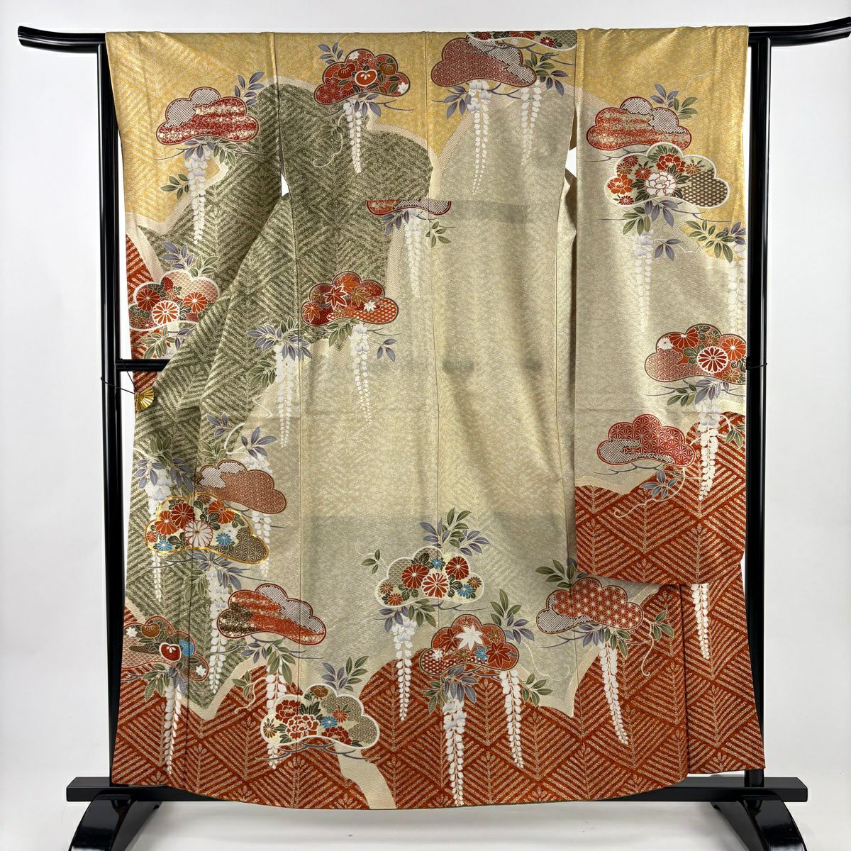 【美品】振袖禮服 身長159cm 袖長63cm S 雙層 松樹 藤 金絲 金銀彩 灰綠 純蠶絲 秀品級