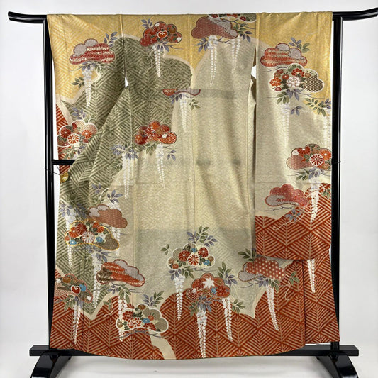 【美品】振袖禮服 身長159cm 袖長63cm S 雙層 松樹 藤 金絲 金銀彩 灰綠 純蠶絲 秀品級