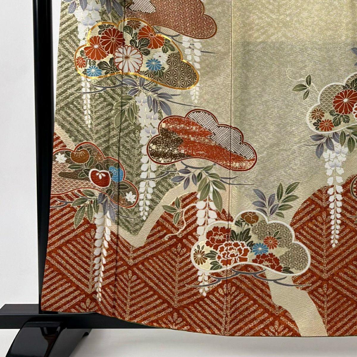 【美品】振袖禮服 身長159cm 袖長63cm S 雙層 松樹 藤 金絲 金銀彩 灰綠 純蠶絲 秀品級