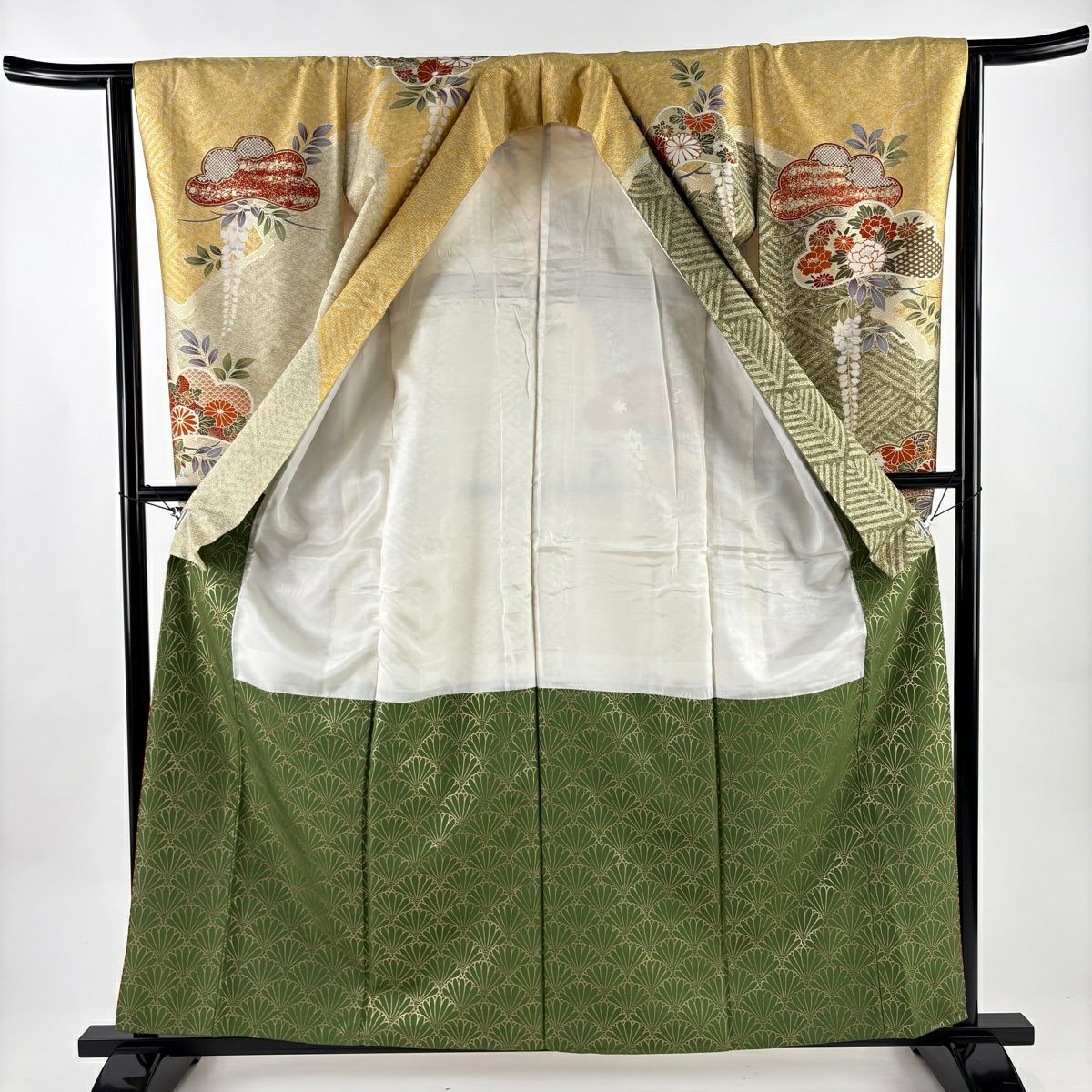【美品】振袖禮服 身長159cm 袖長63cm S 雙層 松樹 藤 金絲 金銀彩 灰綠 純蠶絲 秀品級