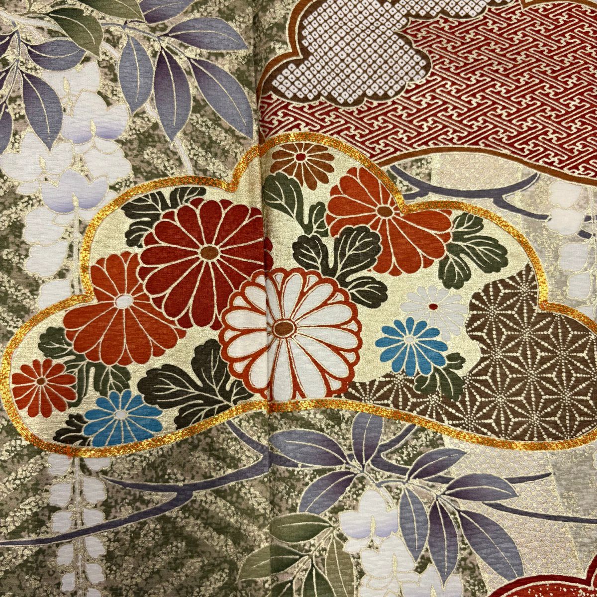 【美品】振袖禮服 身長159cm 袖長63cm S 雙層 松樹 藤 金絲 金銀彩 灰綠 純蠶絲 秀品級