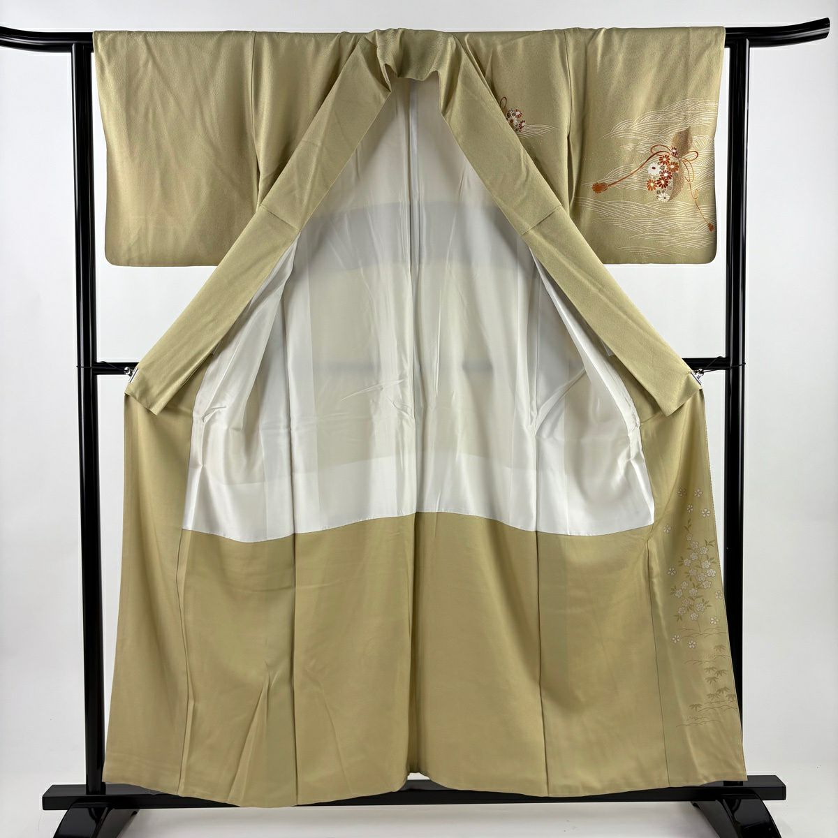 付下 身長155.5cm 袖長62.5cm S 雙層 瓢箪 波 金絲 金銀彩 米色 純蠶絲 優品級