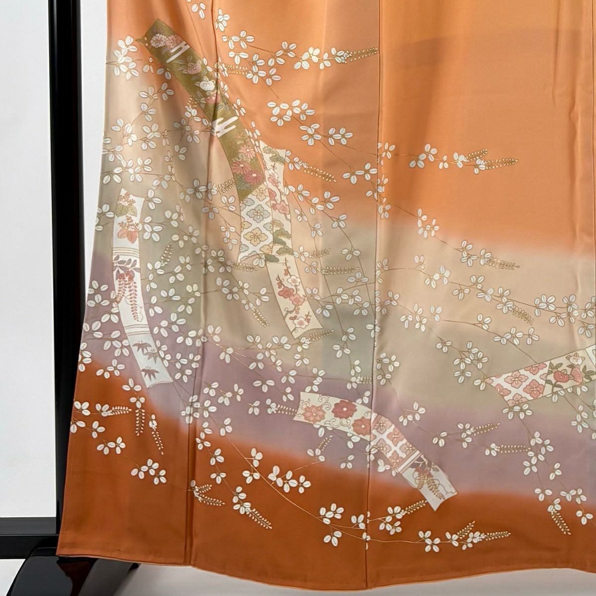 訪問服 身長162cm 袖長65cm M 雙層 短冊 萩 金糸 漸變 淺橙色 純蠶絲 優品級
