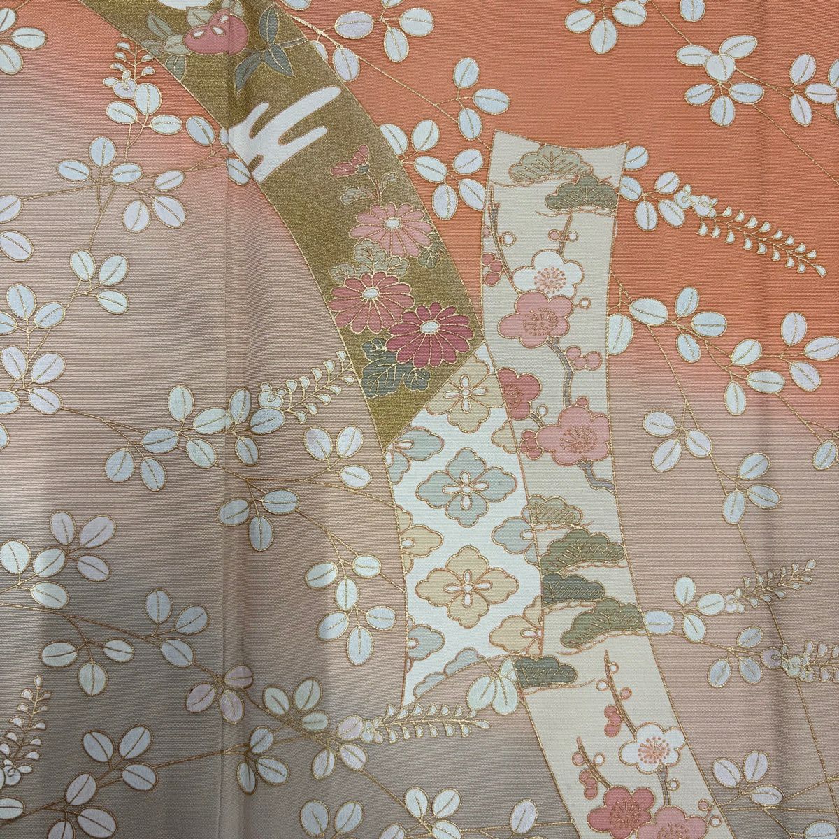 訪問服 身長162cm 袖長65cm M 雙層 短冊 萩 金糸 漸變 淺橙色 純蠶絲 優品級