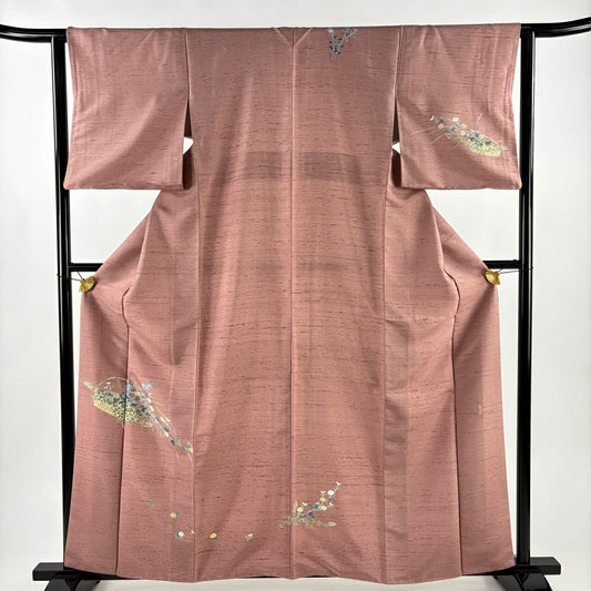 付下 身長161cm 袖長62cm S 雙層 紬織織 ますいわ屋 落款 花籠 草花紋紋 紅紫 純蠶絲 秀品級