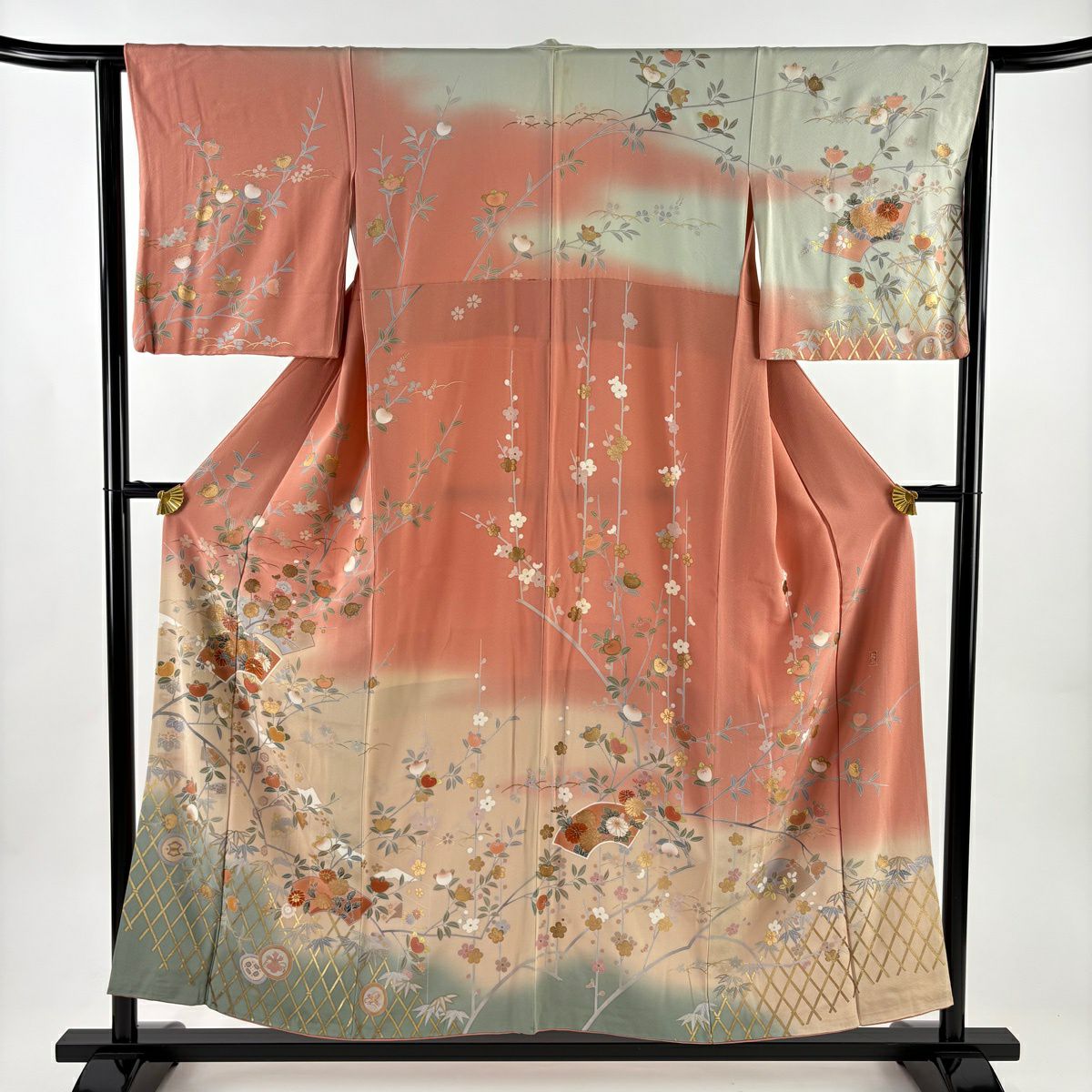 訪問服 身長154cm 袖長63cm S 雙層 落款有 扇子面 橘 金銀彩 染分 鮭粉色 純蠶絲 秀品級