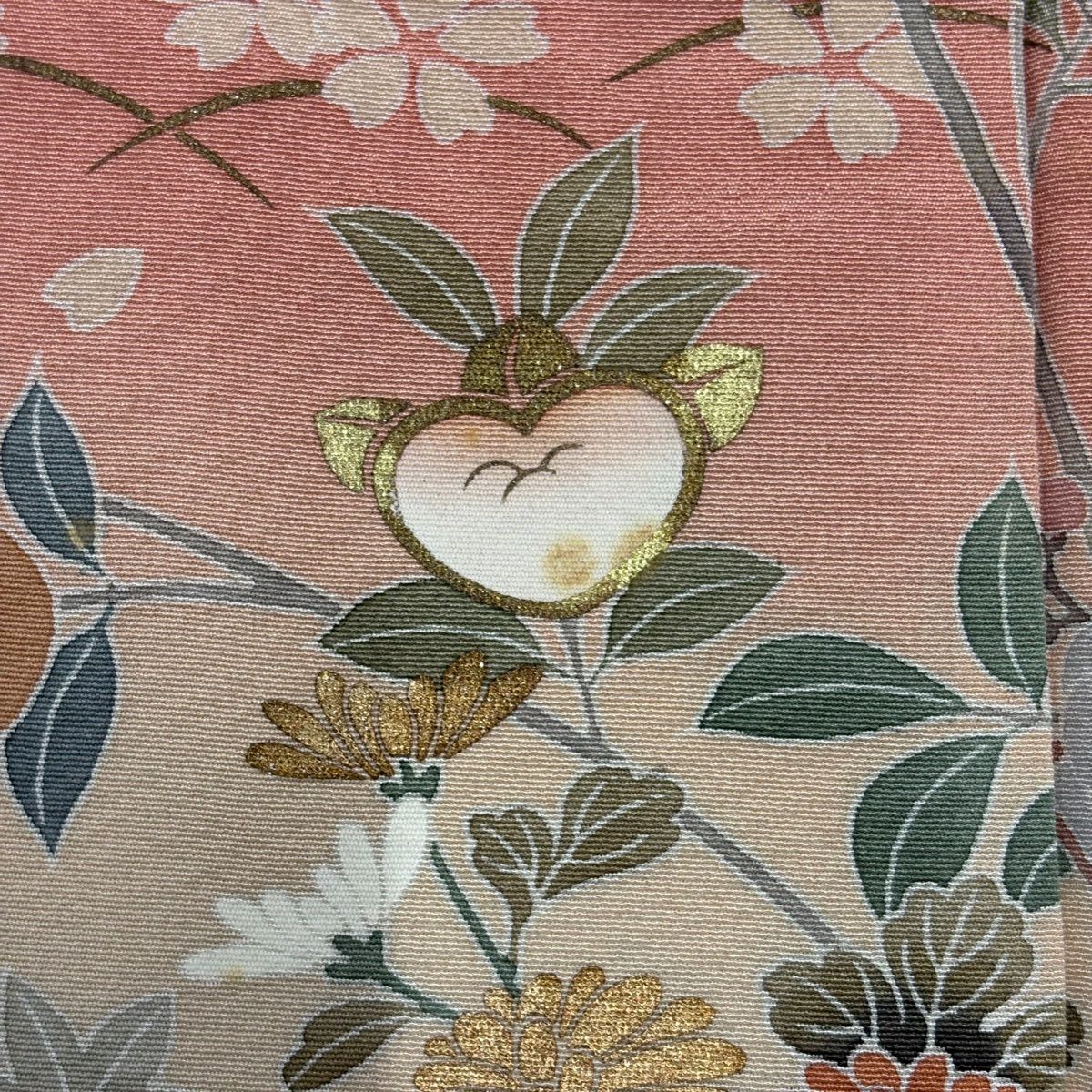 訪問服 身長154cm 袖長63cm S 雙層 落款有 扇子面 橘 金銀彩 染分 鮭粉色 純蠶絲 秀品級