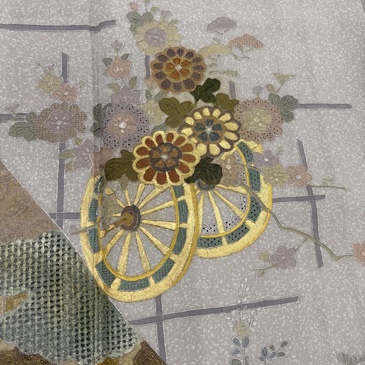 訪問服 身長167cm 袖長64.5cm M 雙層 花車 蜀江華紋 金彩裝飾 刺繡 灰紫 純蠶絲 秀品級
