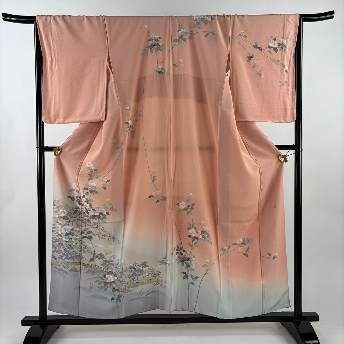 【美品】訪問服 身長156cm 袖長66.5cm M 雙層 大和 落款あり 枝花 橋 漸層 鮭粉色 純蠶絲 優品級