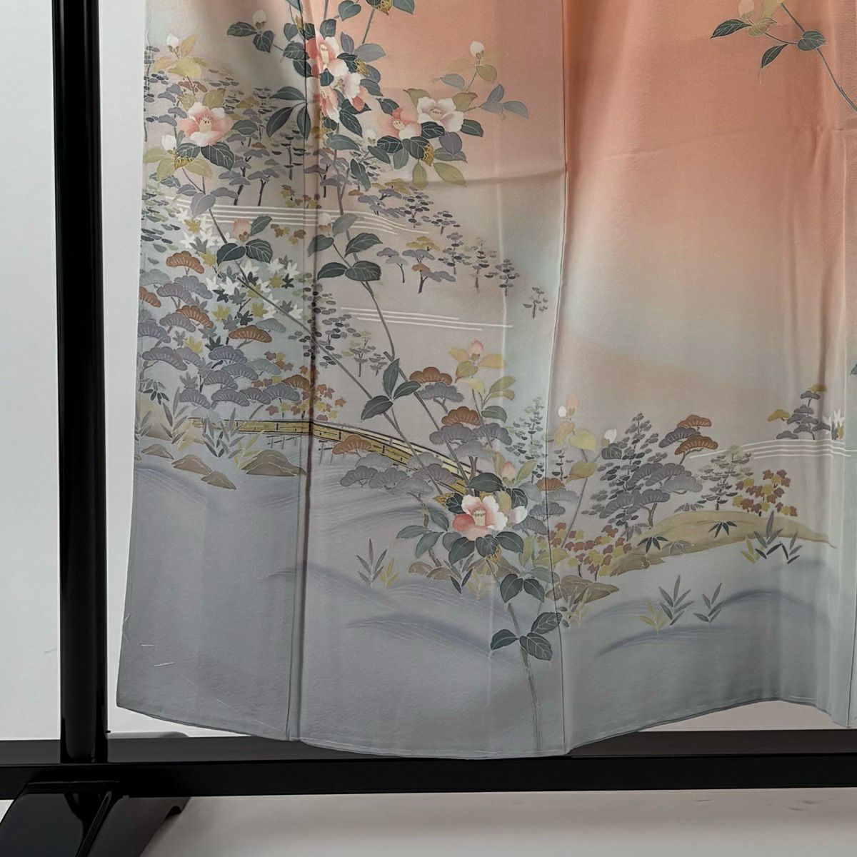 【美品】訪問服 身長156cm 袖長66.5cm M 雙層 大和 落款あり 枝花 橋 漸層 鮭粉色 純蠶絲 優品級
