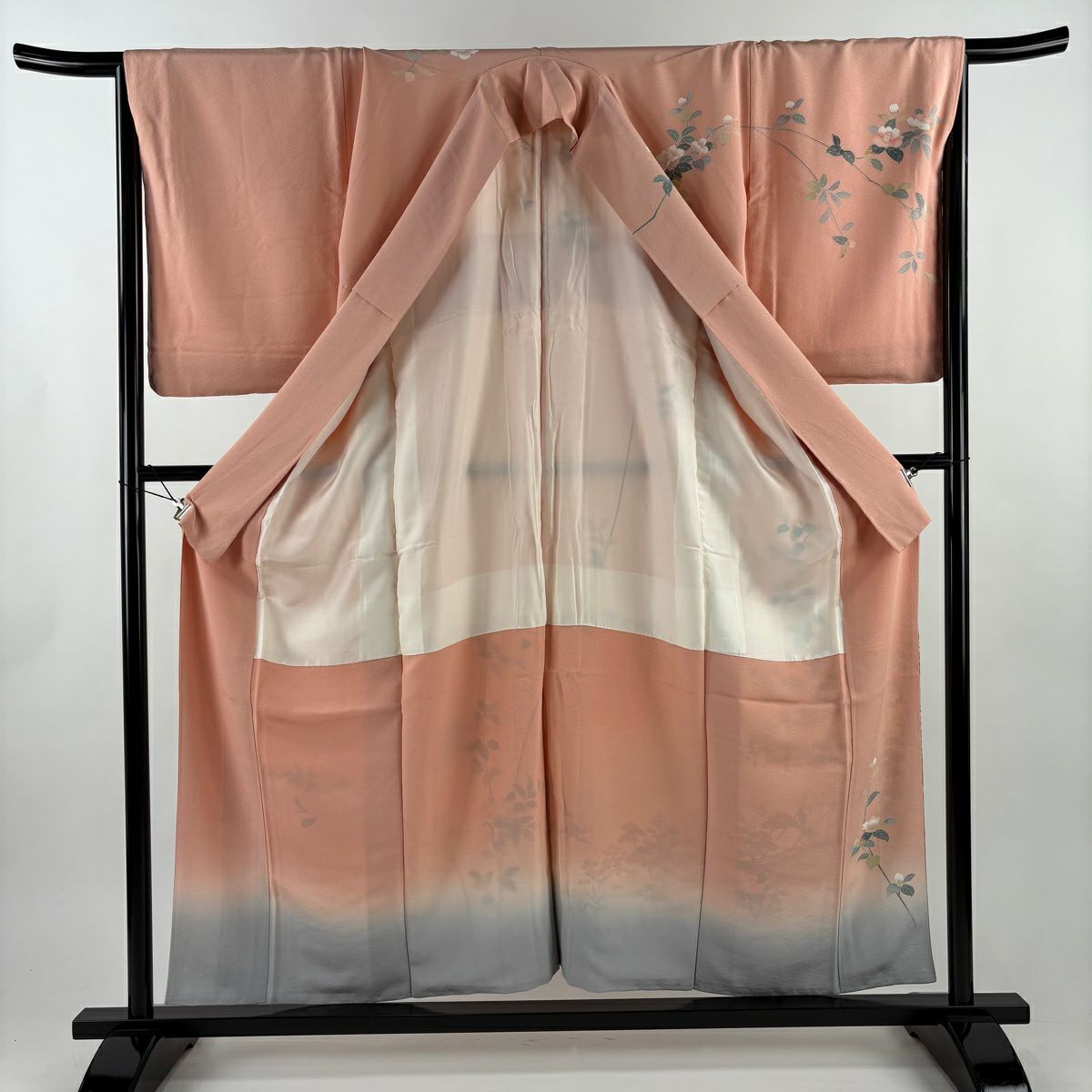 【美品】訪問服 身長156cm 袖長66.5cm M 雙層 大和 落款あり 枝花 橋 漸層 鮭粉色 純蠶絲 優品級
