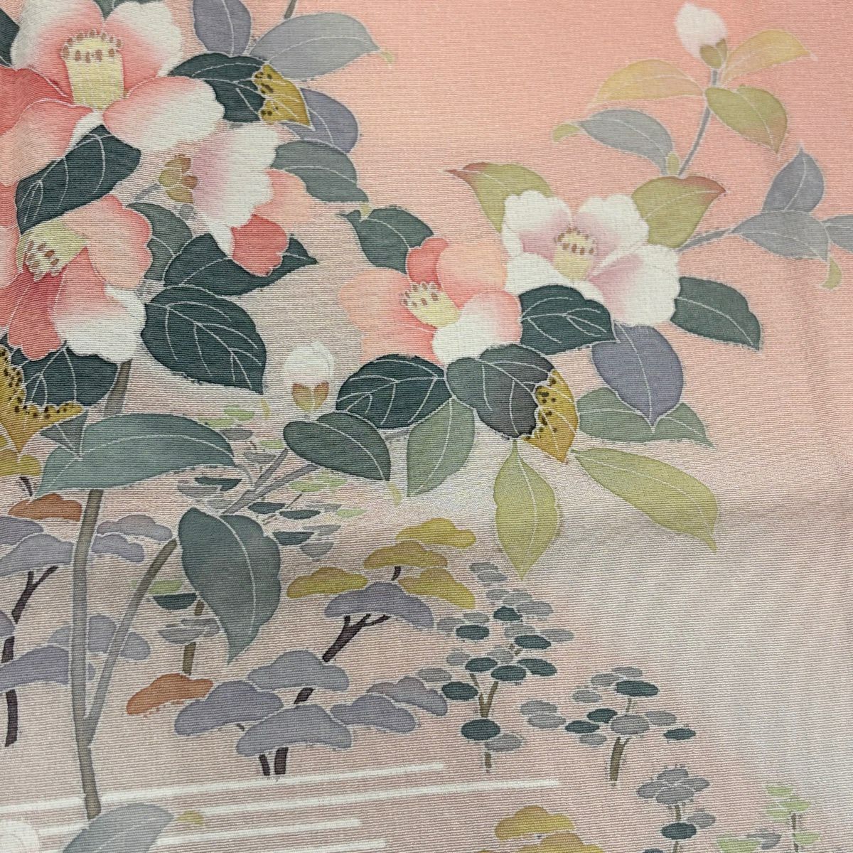 【美品】訪問服 身長156cm 袖長66.5cm M 雙層 大和 落款あり 枝花 橋 漸層 鮭粉色 純蠶絲 優品級