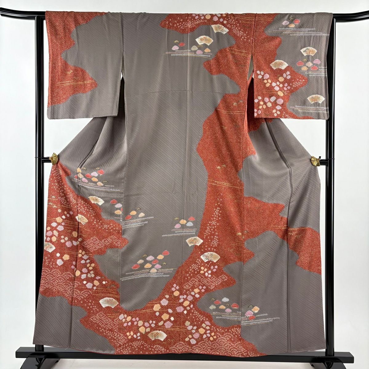訪問服 身長158cm 袖長64cm M 雙層 扇子面 笠松樹 絞染 金銀彩 灰茶 純蠶絲 秀品級