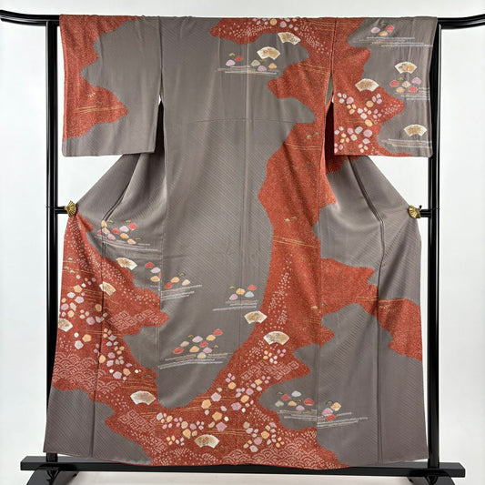 訪問服 身長158cm 袖長64cm M 雙層 扇子面 笠松樹 絞染 金銀彩 灰茶 純蠶絲 秀品級